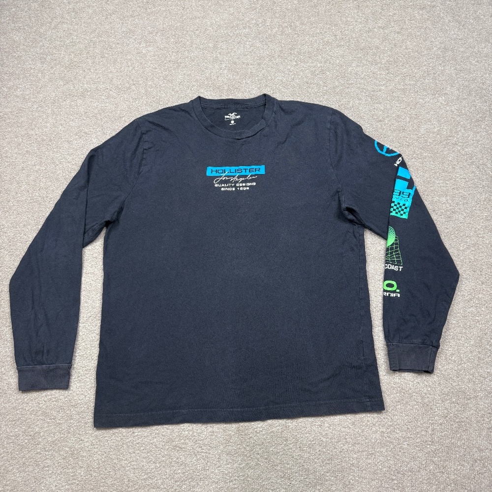 Hollister Graphic T Shirt Men's Size L Black Long Sleeve Crew Neck Casual